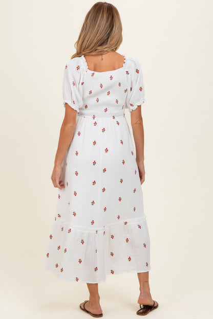 Ivory Embroidered Smocked Maternity Midi Dress