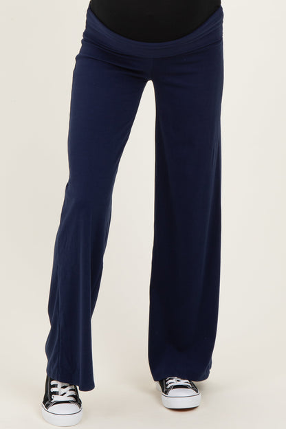Navy Wide Leg Fold Over Maternity Lounge Pants
