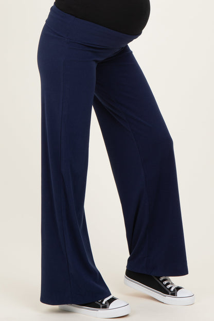 Navy Wide Leg Fold Over Maternity Lounge Pants