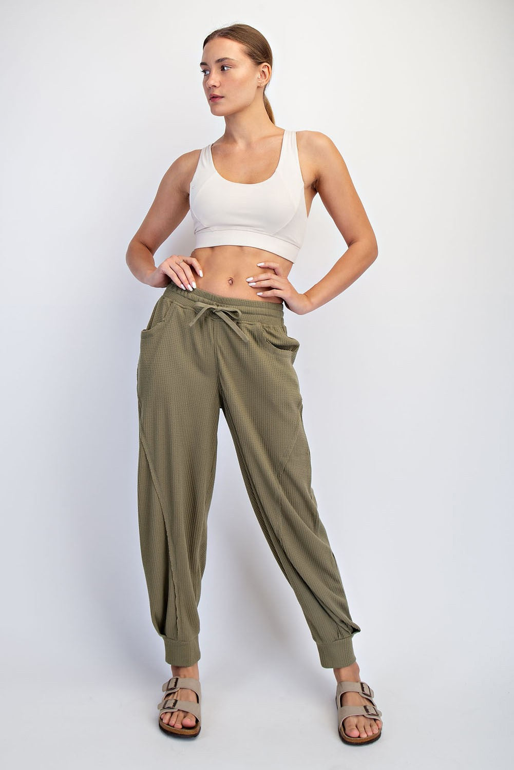 Olive Waffle Knit Raw Seam Maternity Joggers