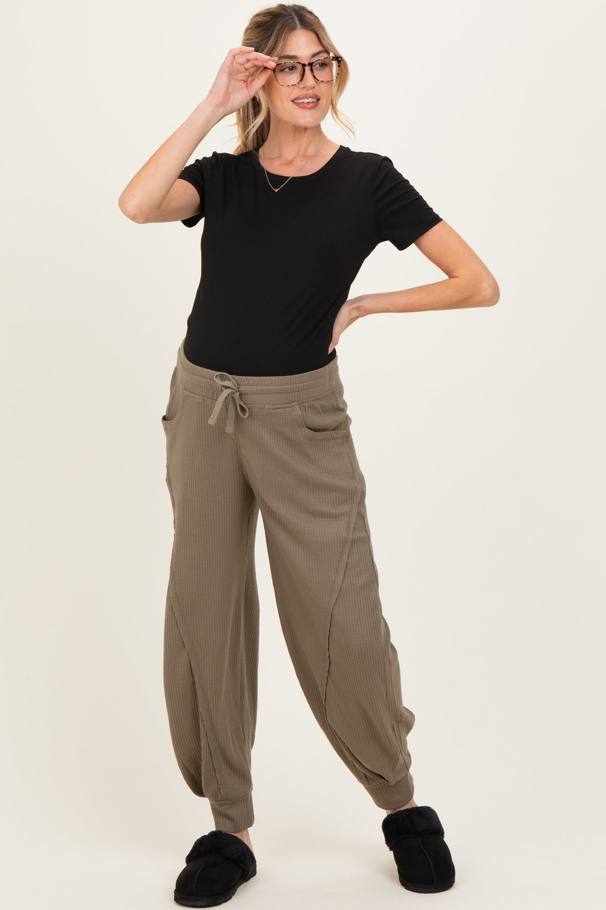 Olive Waffle Knit Raw Seam Maternity Joggers