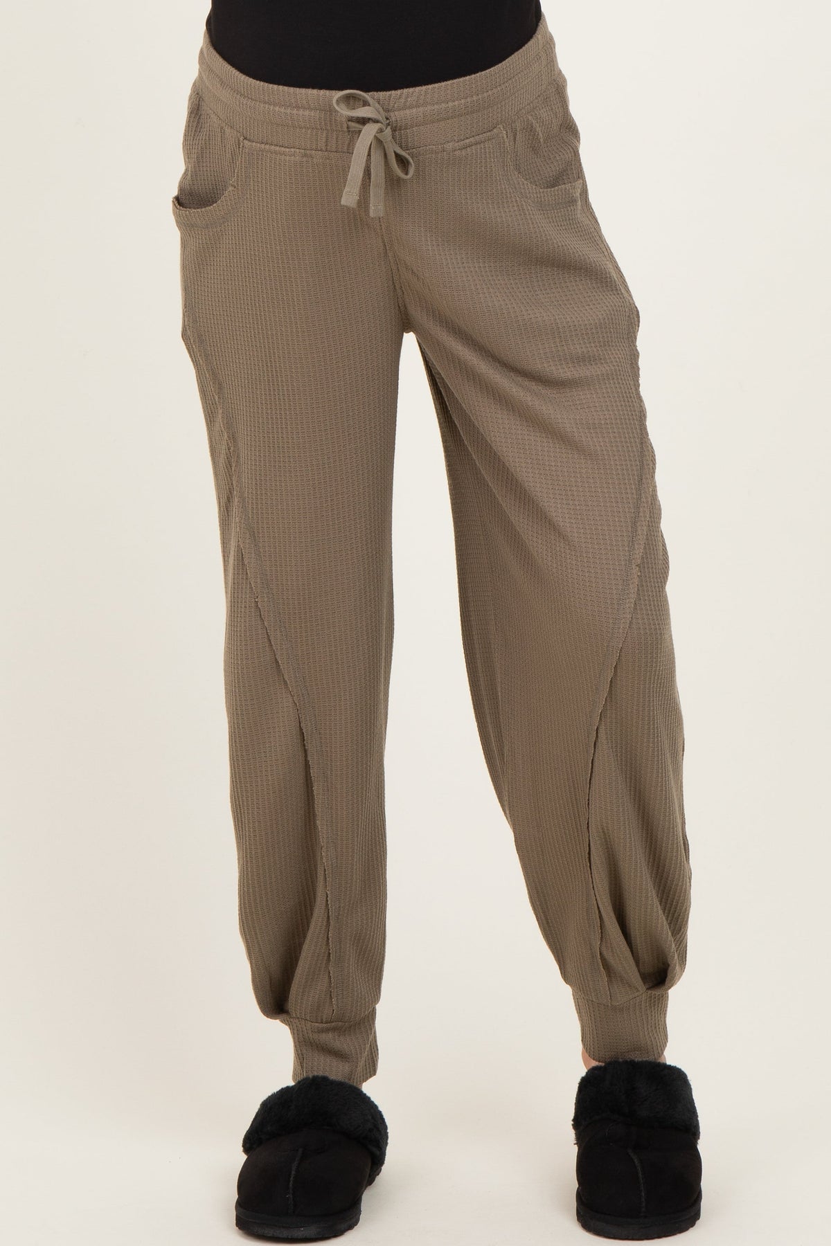 Olive Waffle Knit Raw Seam Maternity Joggers