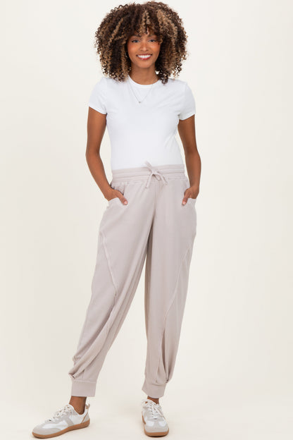 Beige Waffle Knit Raw Seam Maternity Joggers