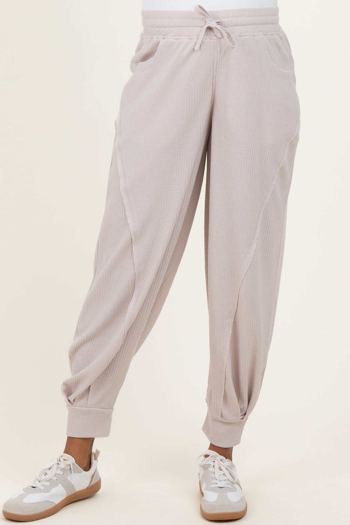 Beige Waffle Knit Raw Seam Maternity Joggers