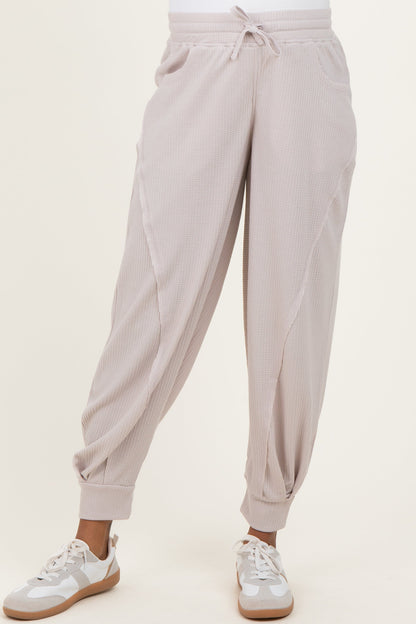 Beige Waffle Knit Raw Seam Maternity Joggers