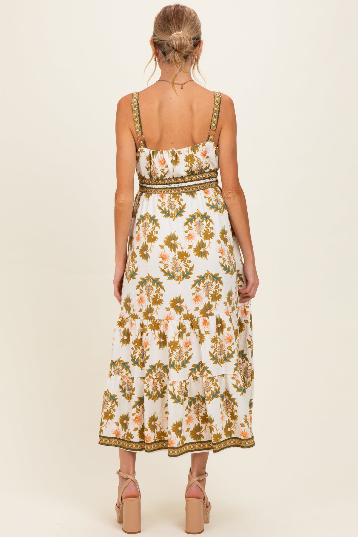 Olive Floral Sleeveless Tiered Maternity Maxi Dress