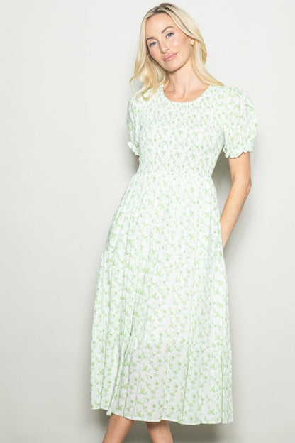 Light Green Rose Floral Smocked Puff Sleeve Maternity Midi Dress