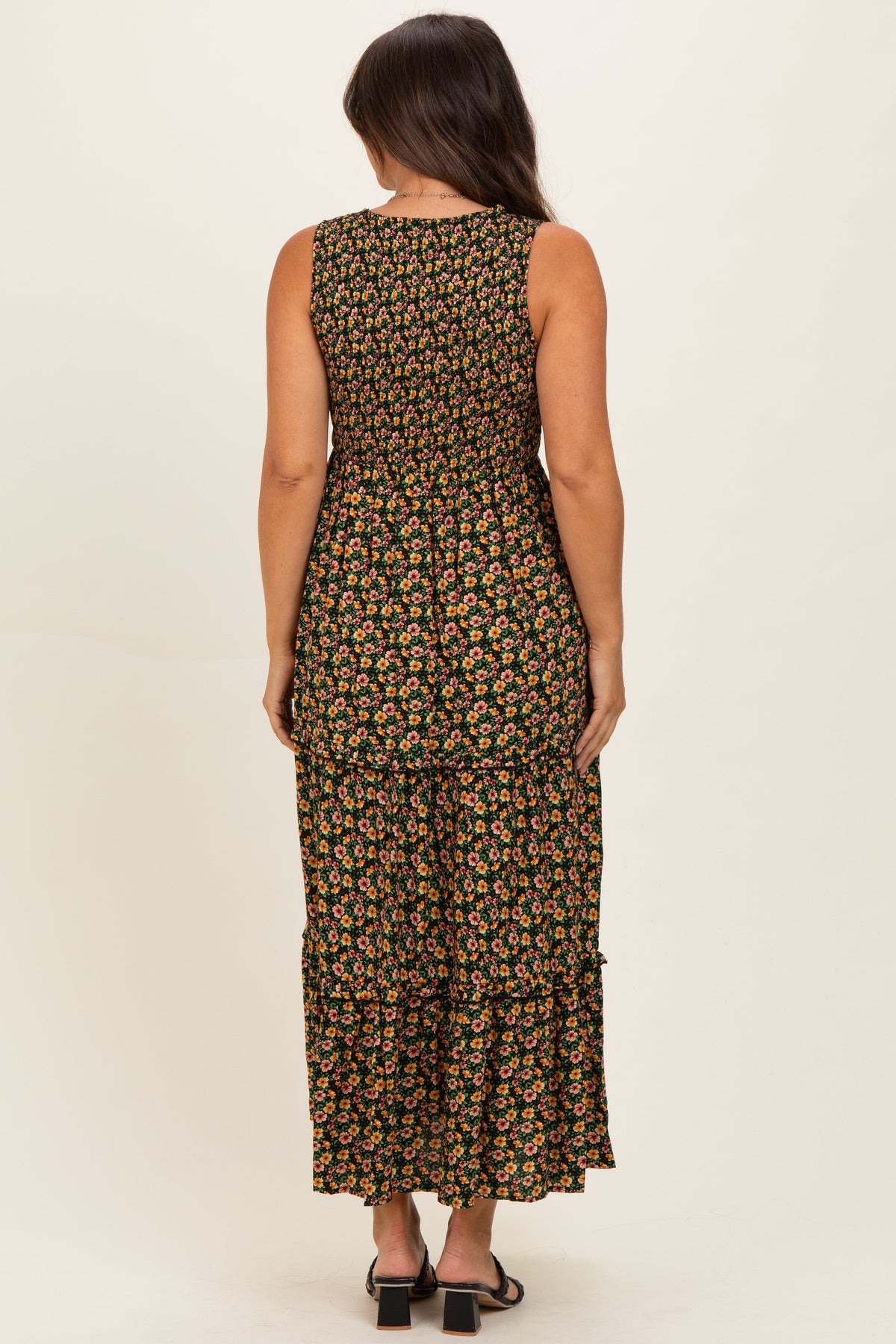 Multicolor Floral Smocked Sleeveless Tiered Maternity Maxi Dress