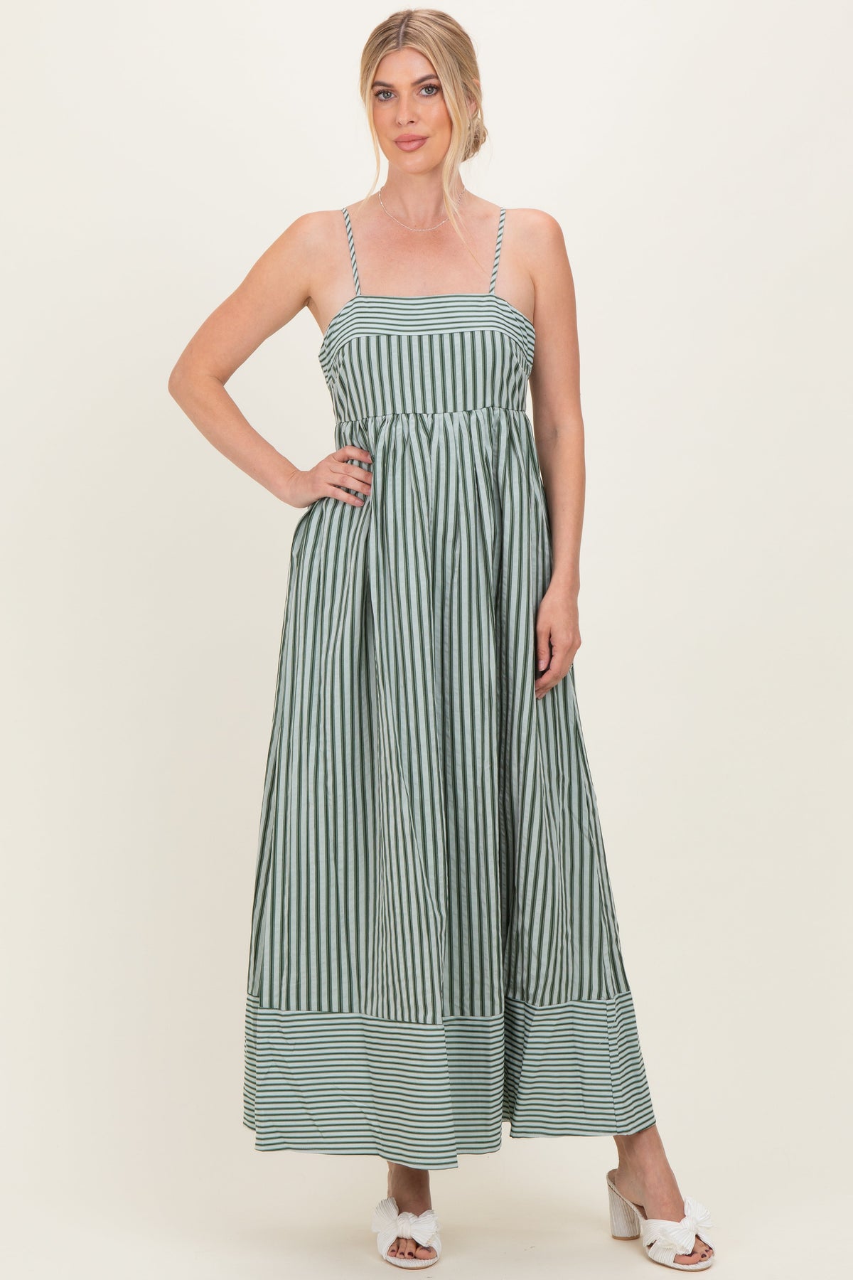 Olive Mixed Stripe Sleeveless Maternity Maxi Dress