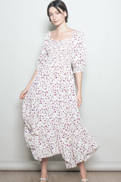Cream Floral Smocked Handkerchief Hem Maternity Maxi Dress