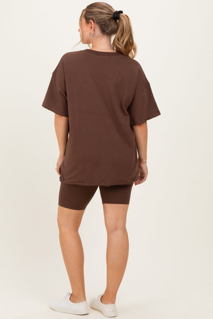 Brown Oversized V-Neck Biker Short Maternity Set