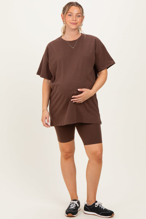 Brown Biker Shorts Maternity Set