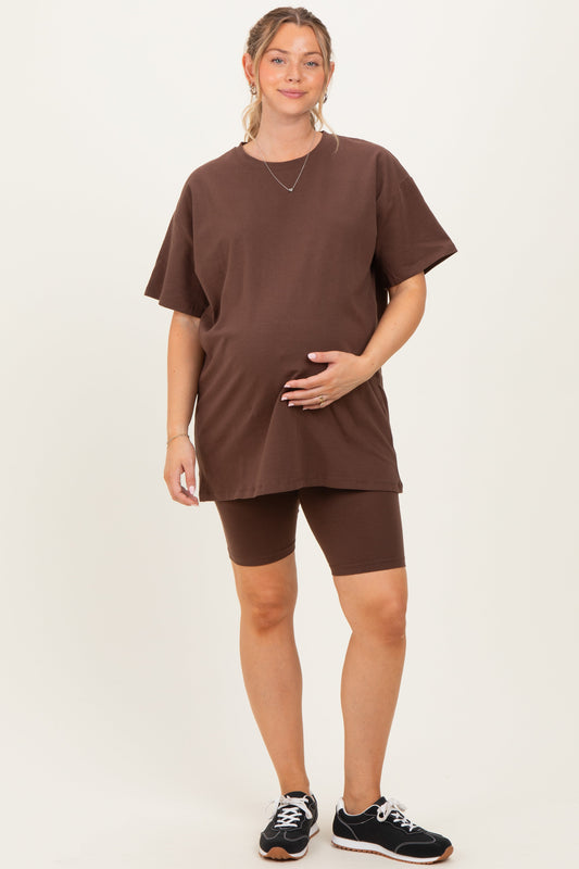 Brown Biker Shorts Maternity Set