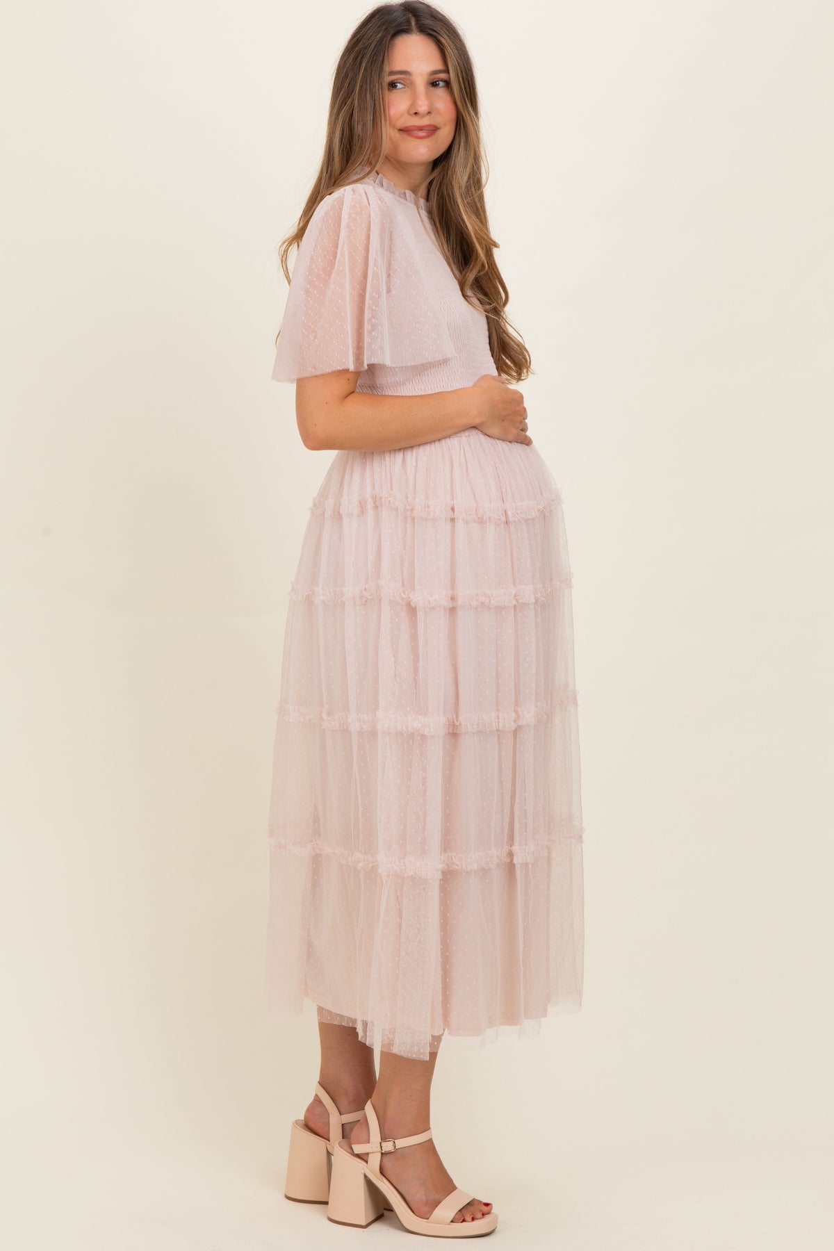 Cream Smocked Top Mesh Midi Dress