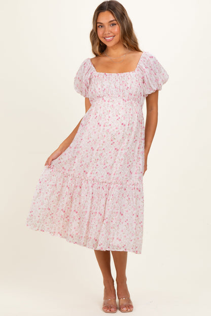 Pink Floral Puff Sleeve Maternity Midi Dress