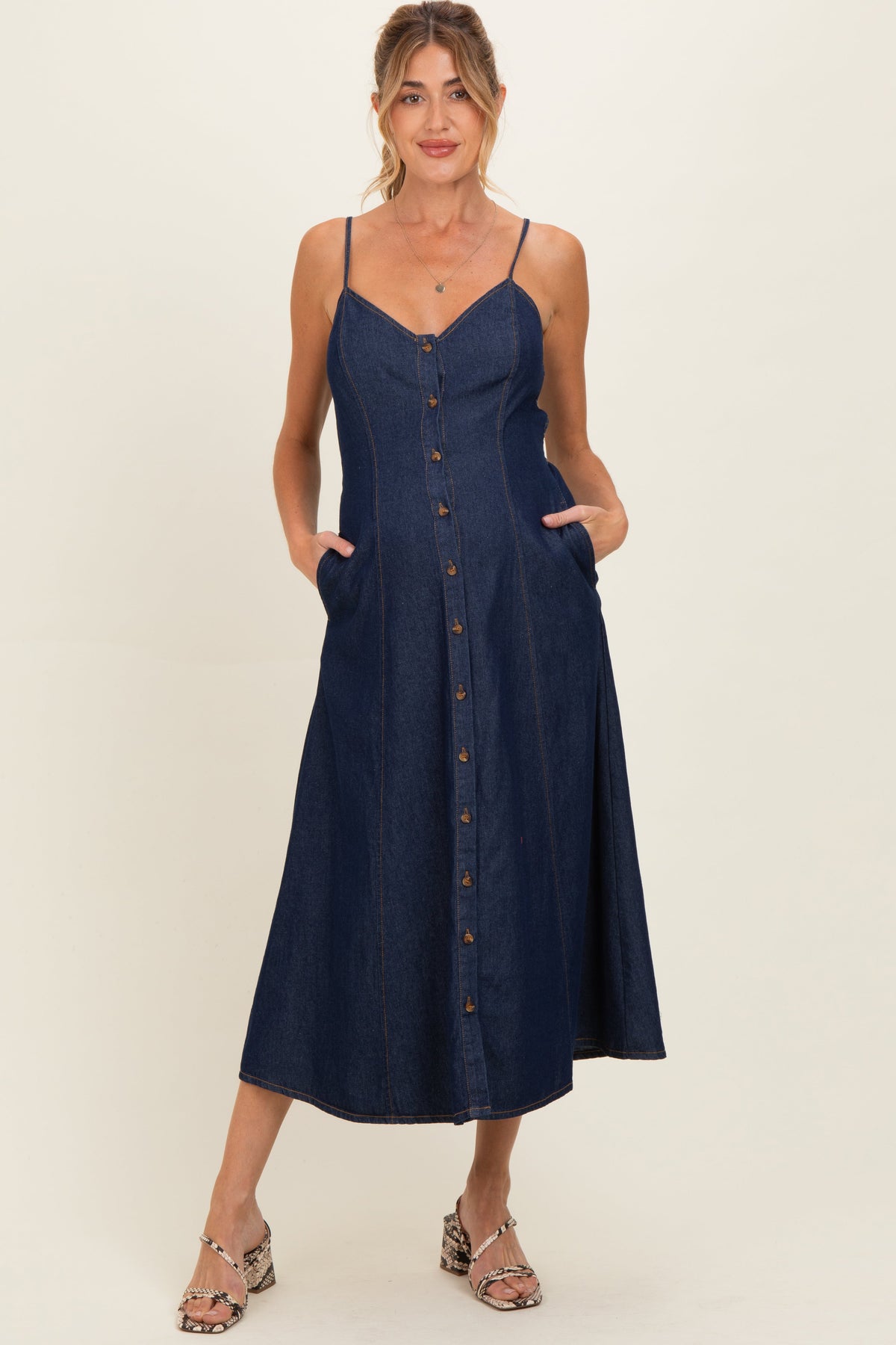 Navy Button-Down Denim Maternity Midi Dress