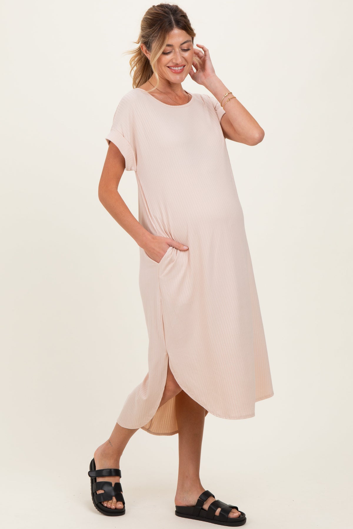 Beige Ribbed Curved Hem Maternity Midi Dress