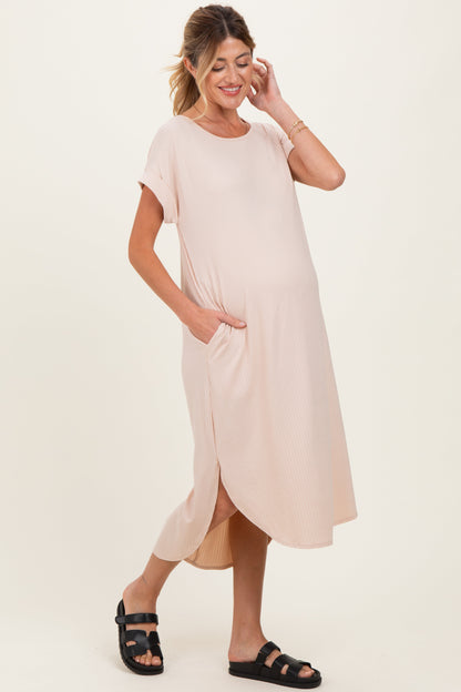 Beige Ribbed Curved Hem Maternity Midi Dress