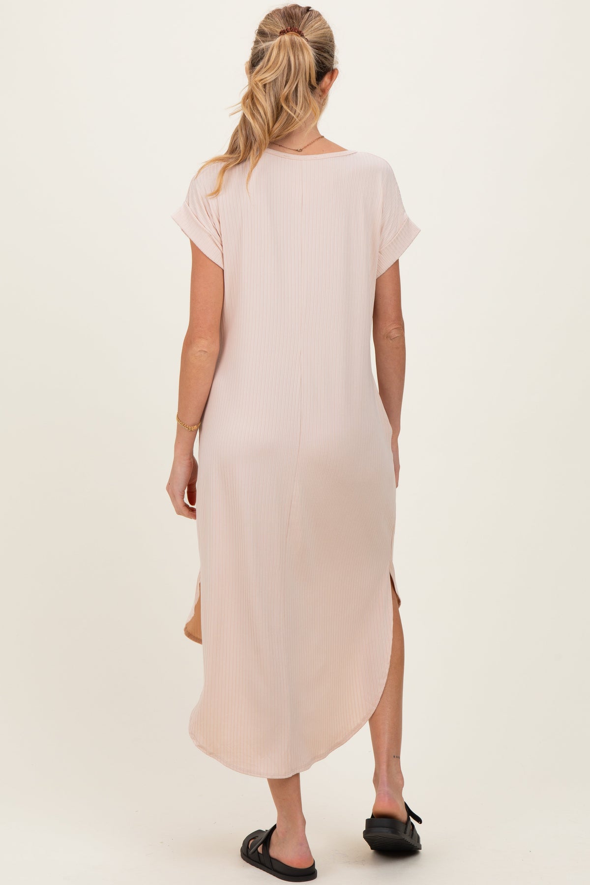 Beige Ribbed Curved Hem Maternity Midi Dress