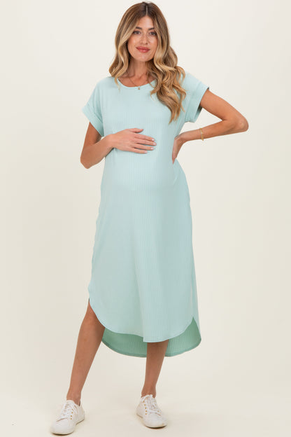 Mint Ribbed Curved Hem Maternity Midi Dress