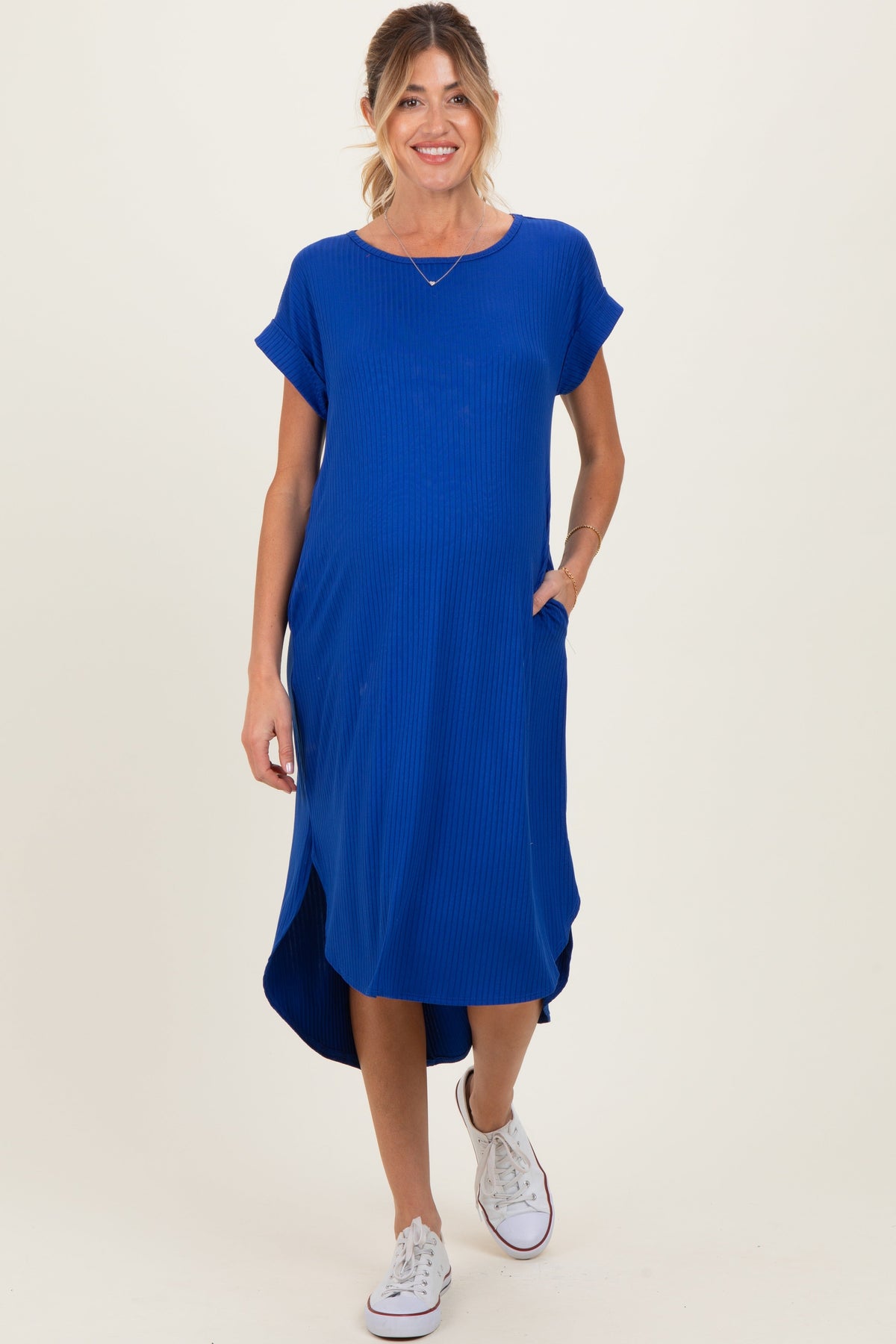 Royal Ribbed Curved Hem Maternity Midi Dress