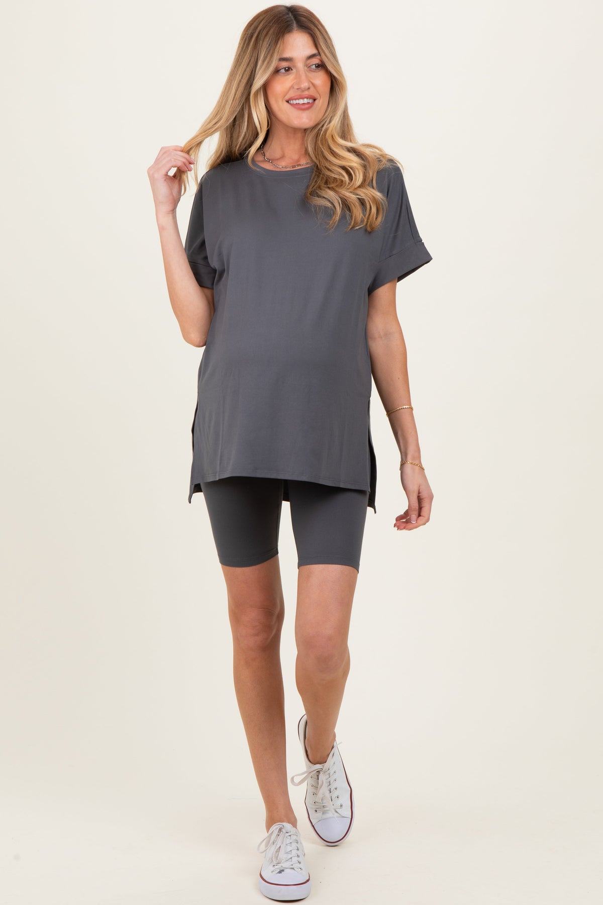 Ash Grey Hi-Low Short Sleeve Tee Biker Short Maternity Set