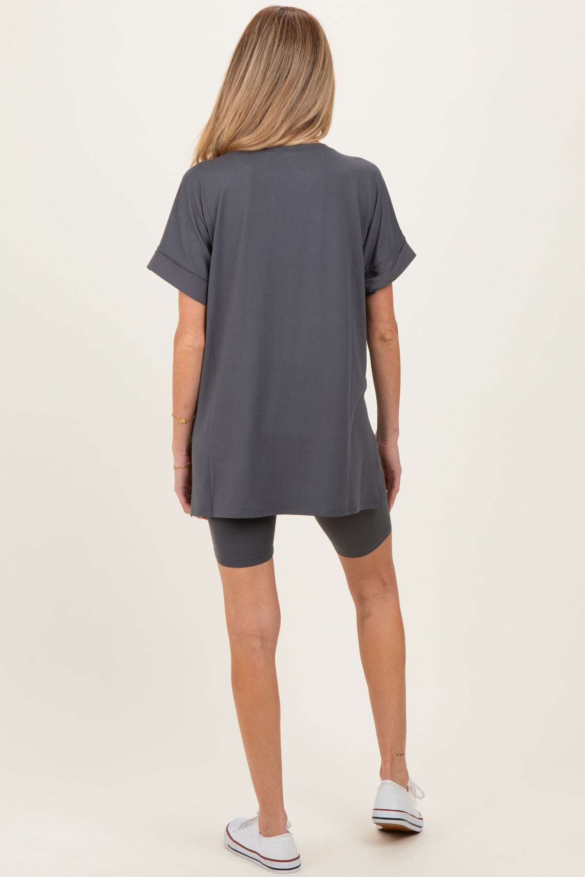 Ash Grey Hi-Low Short Sleeve Tee Biker Short Maternity Set