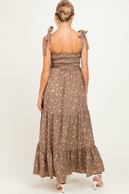 Mocha Floral Shoulder Tie Maternity Maxi Dress