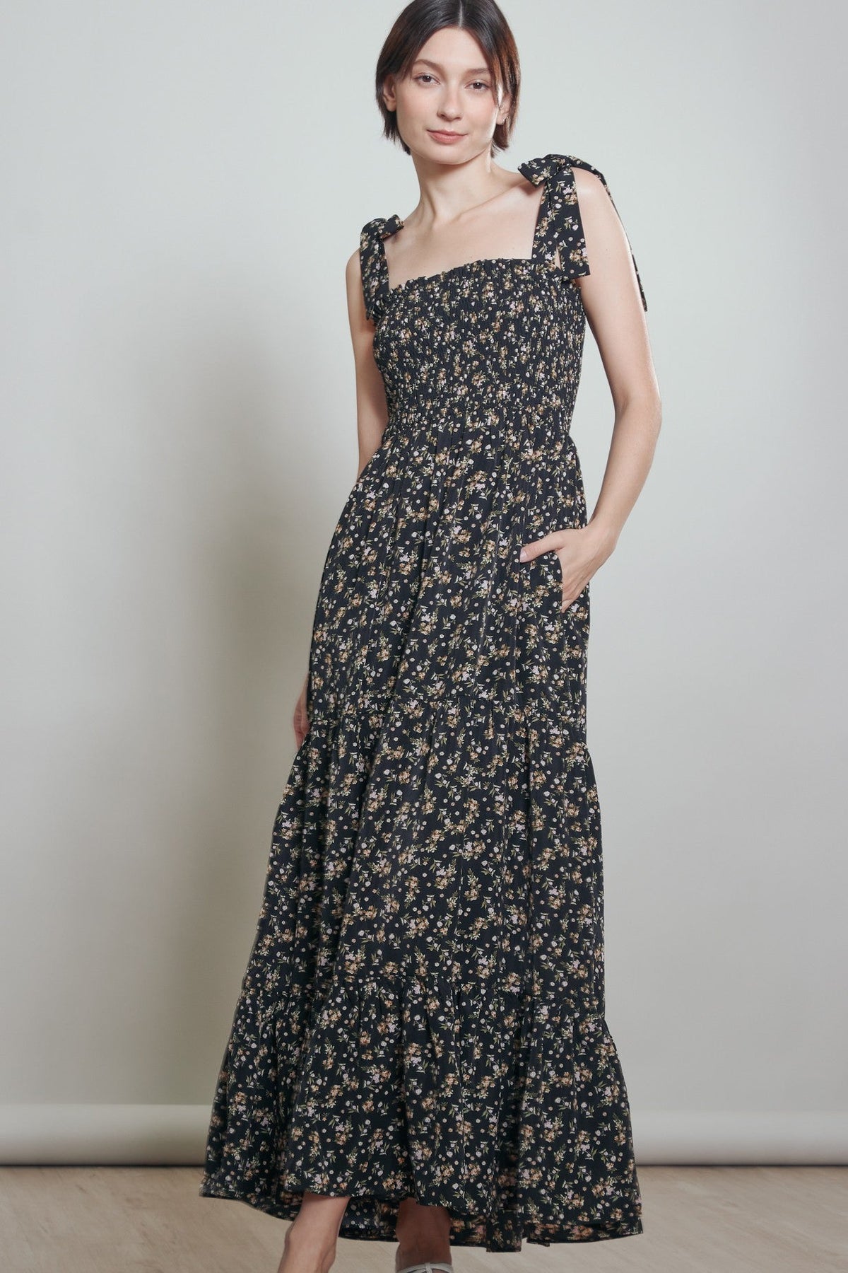 Black Floral Shoulder Tie Maternity Maxi Dress