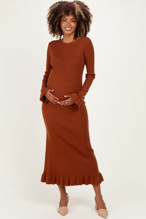 Chestnut Ribbed Knit Bow Back Maternity Maxi Dress