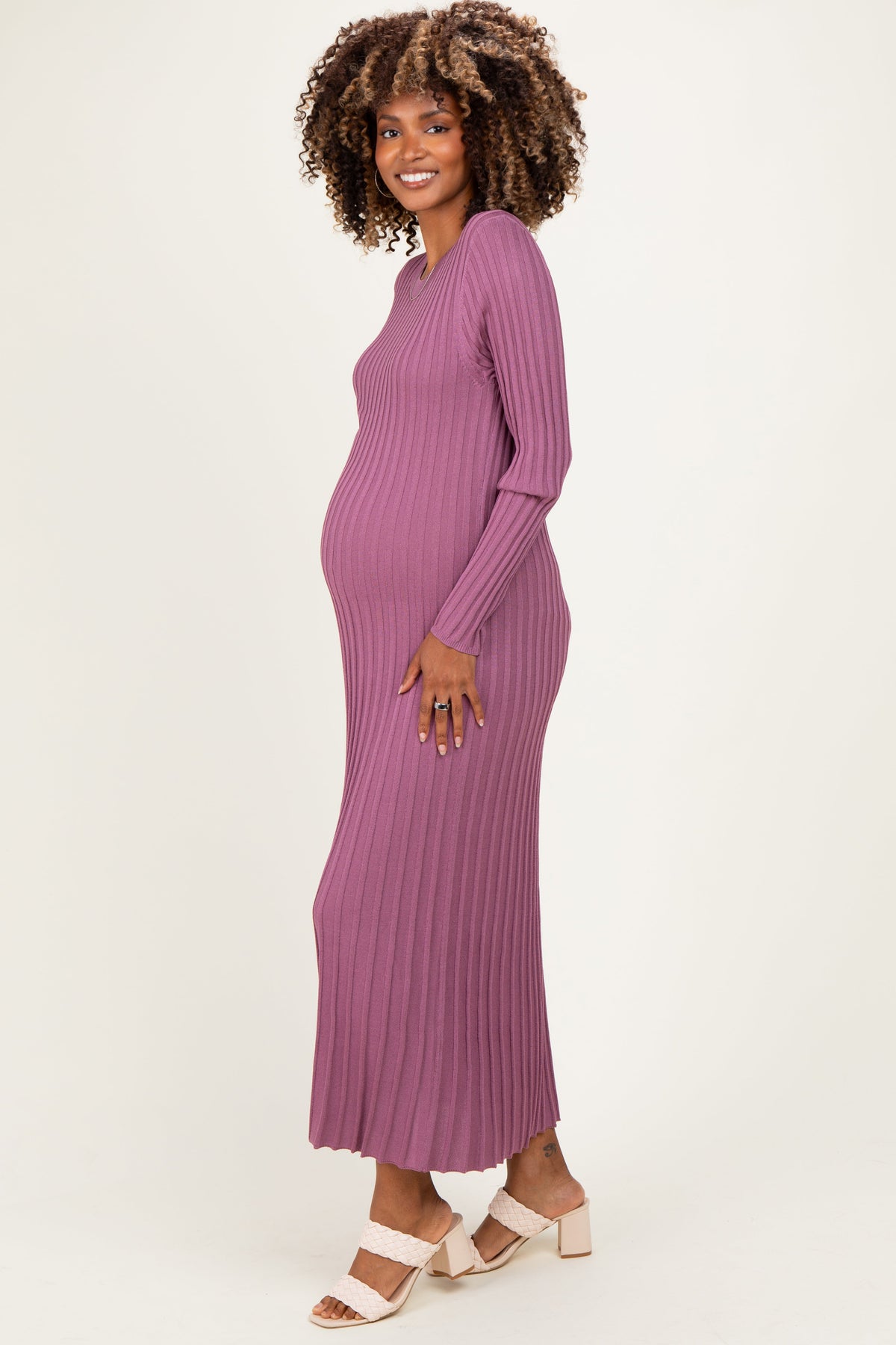 Mauve Ribbed Long Sleeve Maternity Sweater Midi Dress