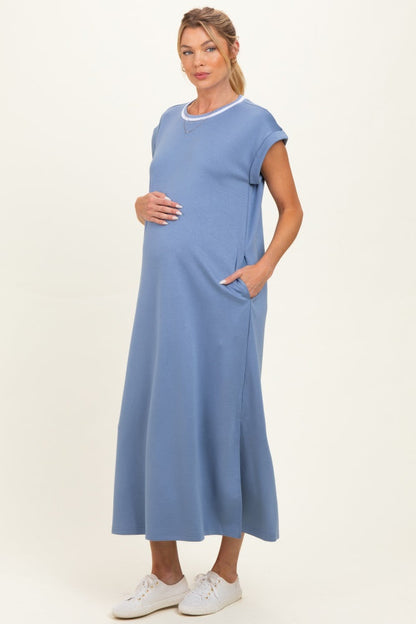Denim Blue Side Slit Maternity Midi Dress
