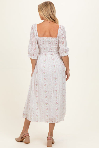 Cream Floral Smocked Maternity Midi Dress