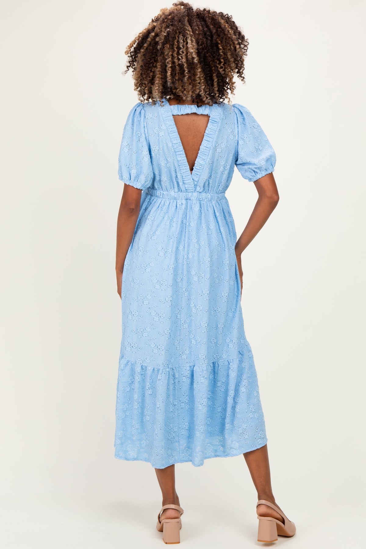 Light Blue Lace V-Neck Puff Sleeve Maternity Maxi Dress