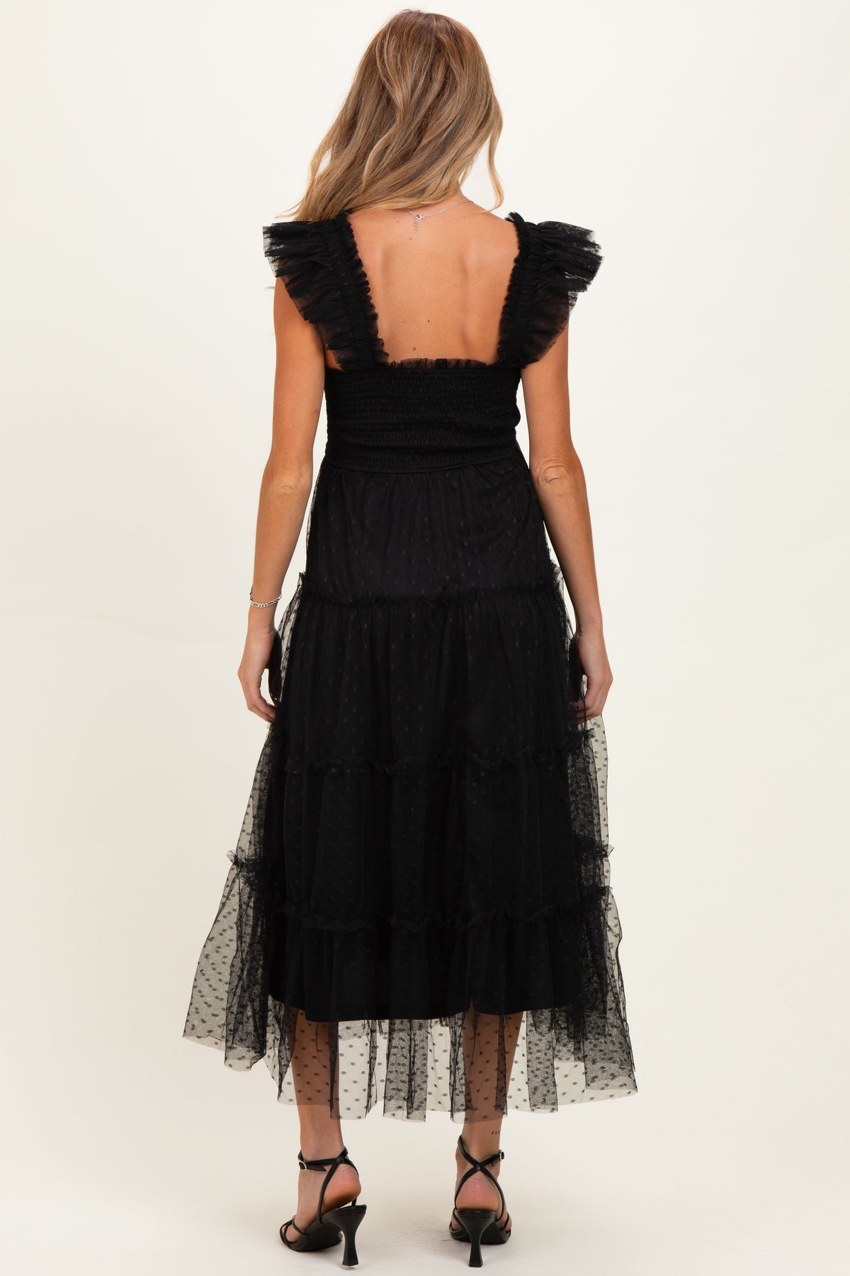 Black Smocked Polka Dot Tulle Maternity Midi Dress