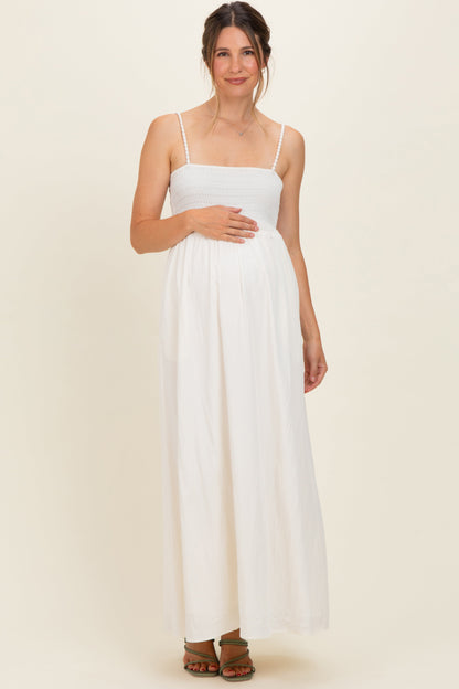 Off White Pom Pom Strap Smocked Maternity Maxi Dress