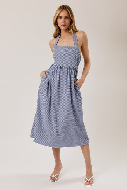 Navy Gingham Halter Neck Maternity Midi Dress