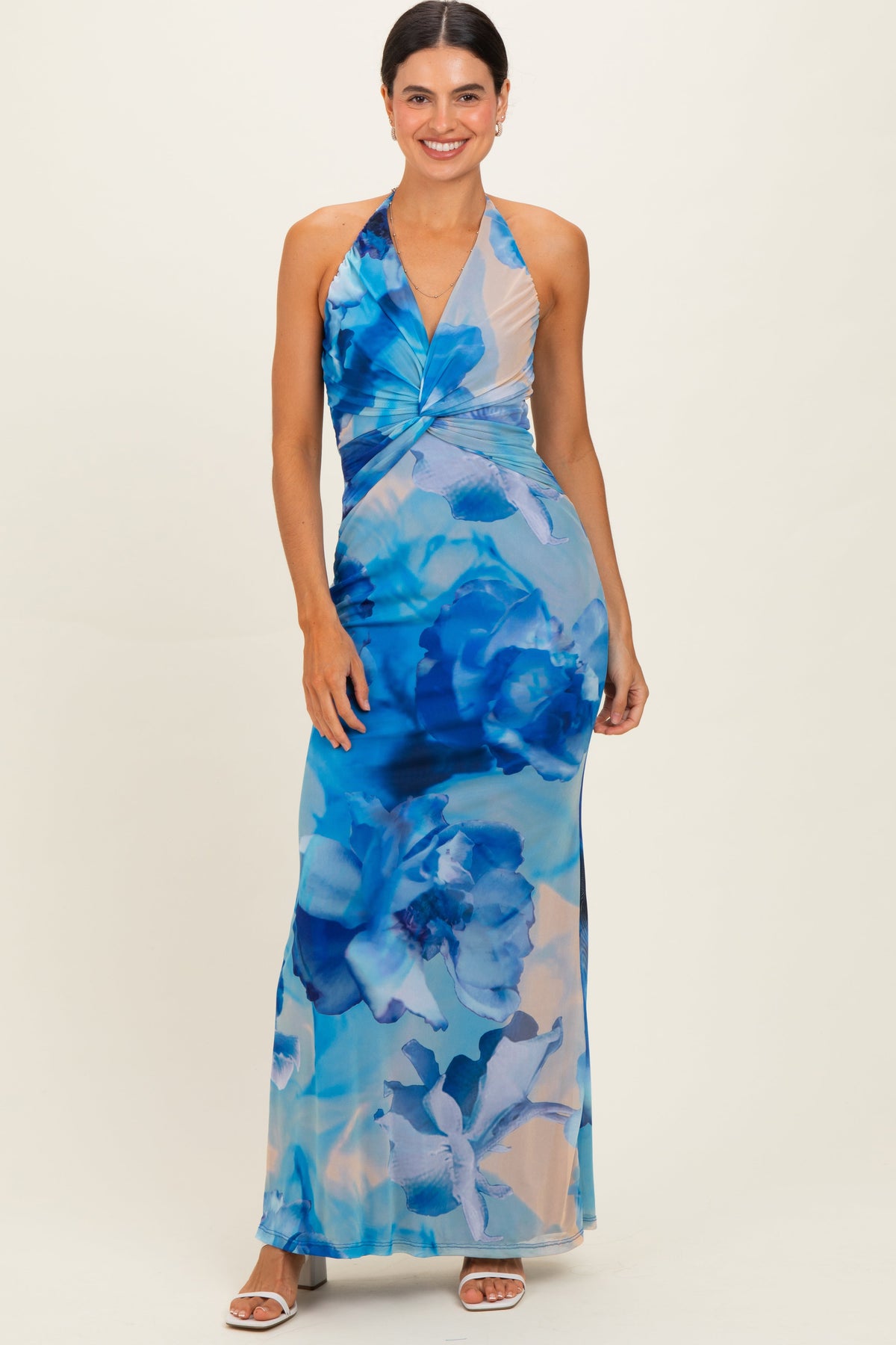 Blue Floral Halter Mesh Maternity Maxi Dress