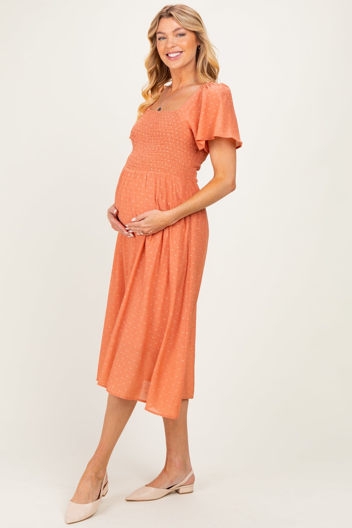 Salmon Polka Dot Smocked Maternity Midi Dress