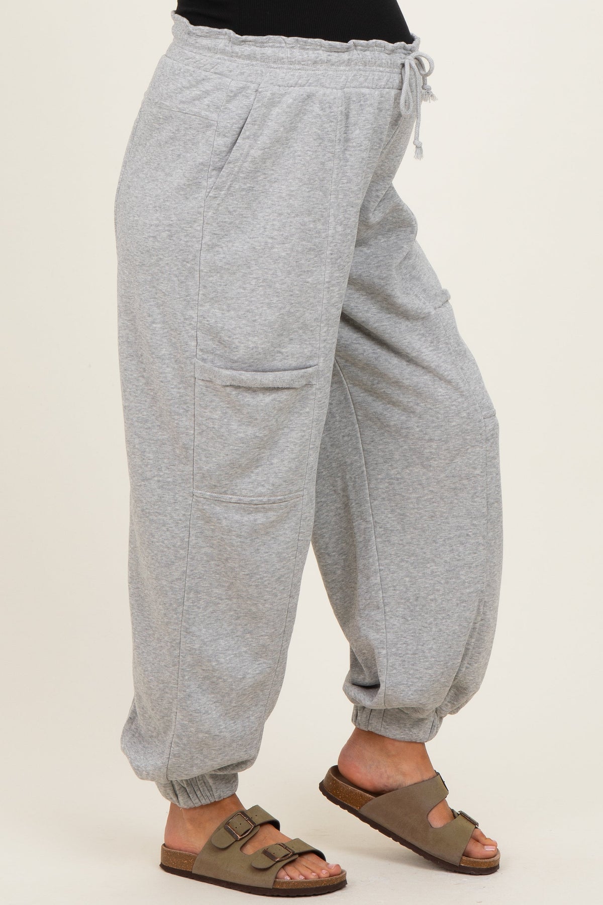 Heather Gray Ruffle Waist Burnout Maternity Jogger Pants