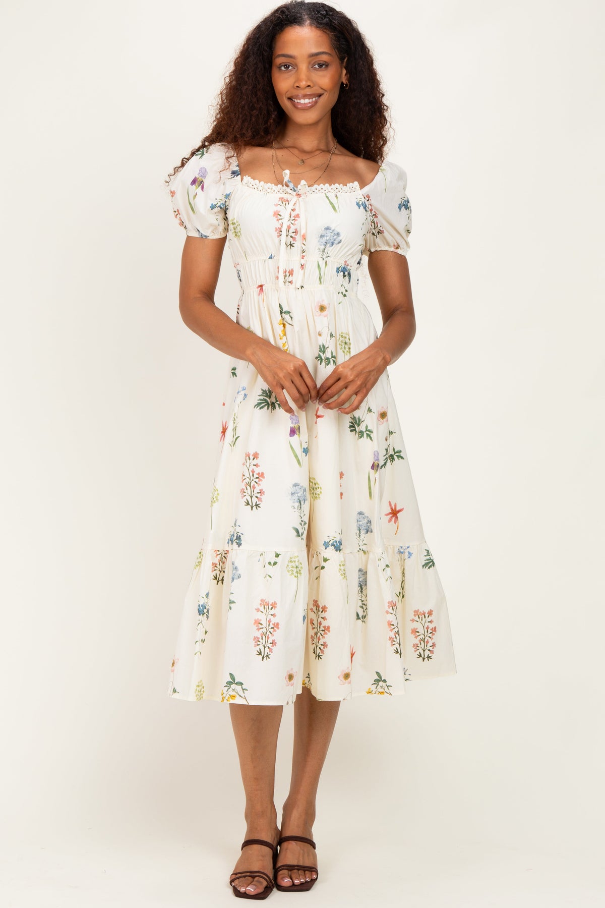 Ivory Floral Puff Sleeve Maternity Midi Dress