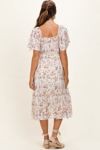 Ivory Floral Flutter Sleeve Maternity Midi Dress