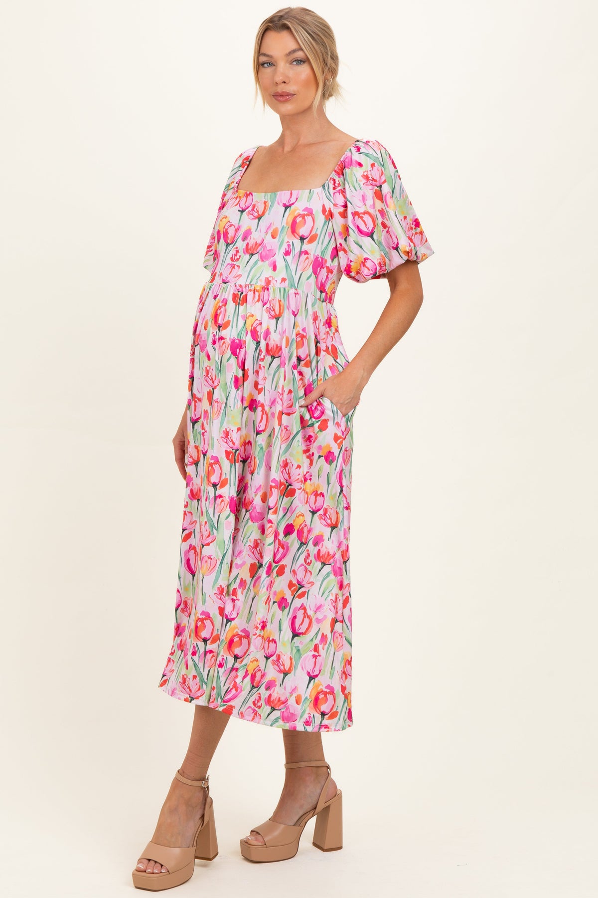 Pink Floral Square Neck Babydoll Maternity Maxi Dress