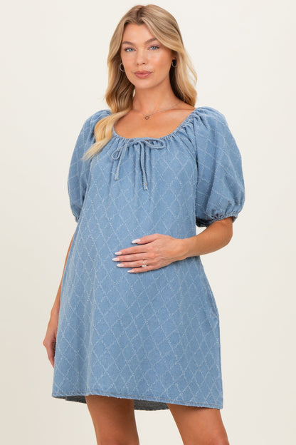 Light Blue Chambray Jacquard Puff Sleeve Maternity Mini Dress