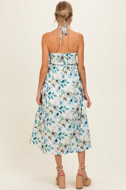 Off White Floral Halter Maternity Midi Dress