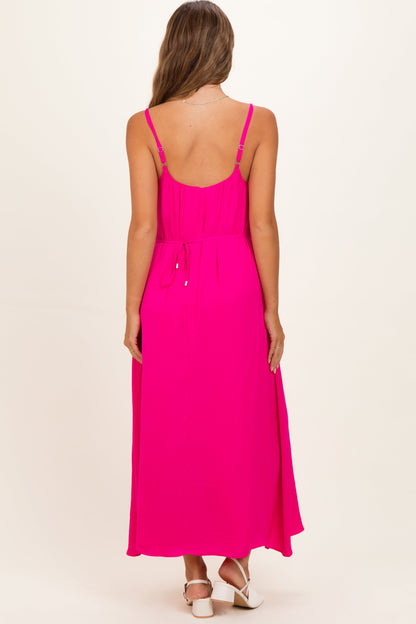 Hot Pink Sleeveless Flower Belt Maxi Dress