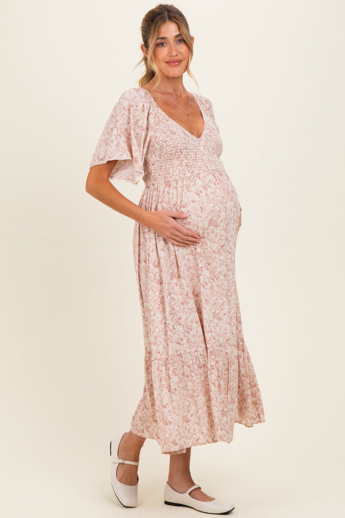 Mauve Flutter Sleeve Floral Print Smocked Chest Ruffled Hem Maternity Dress