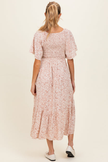 Mauve Flutter Sleeve Floral Print Smocked Chest Ruffled Hem Maternity Dress
