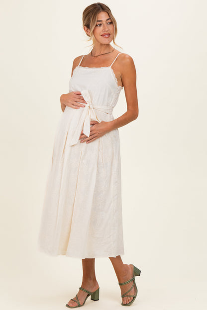 Cream Embroidered Tie Waist Maternity Midi Dress