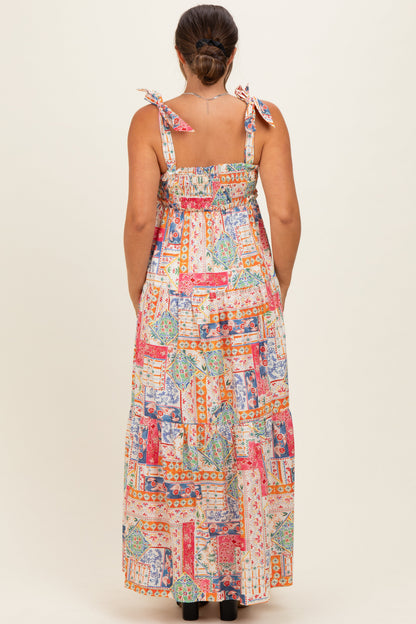 Multicolor Patchwork Print Ribbon Strap Maternity Maxi Dress
